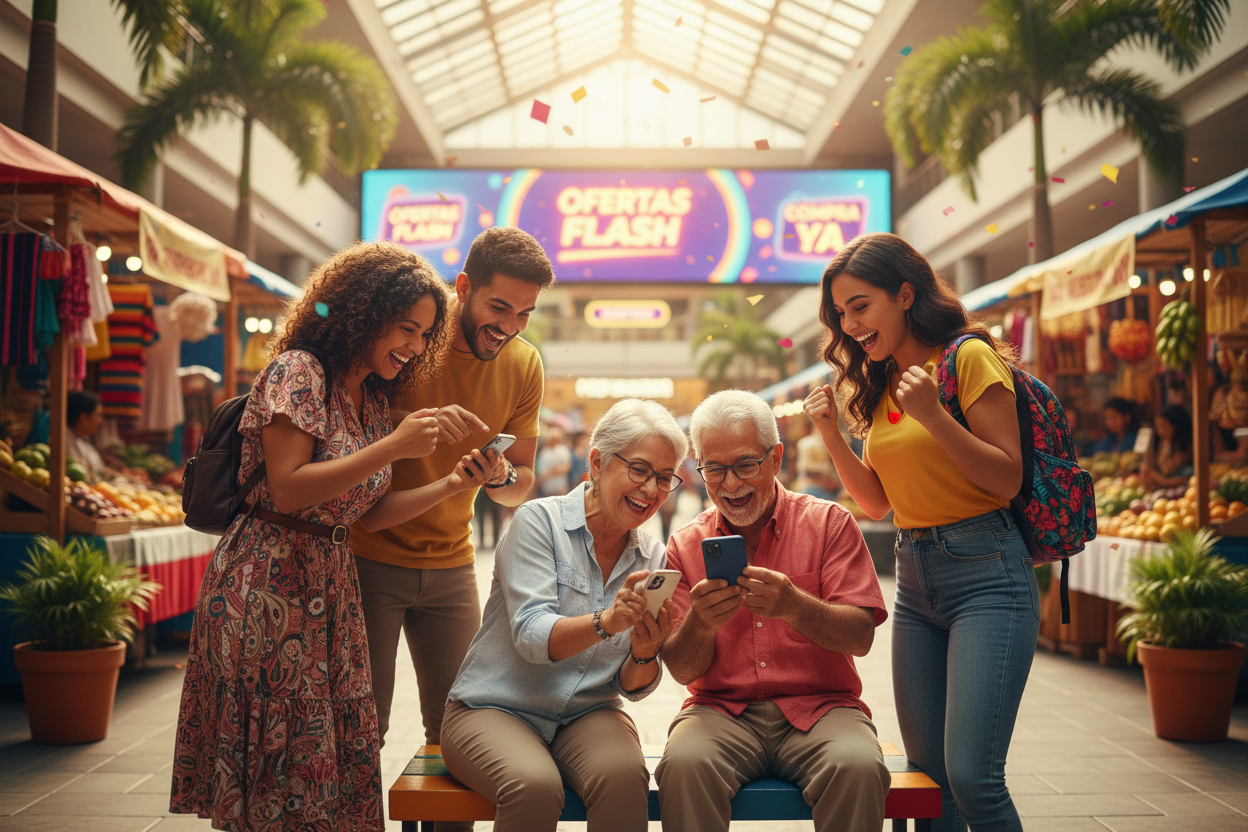 dame una imagen llamativa de varias personas colombianas comprando desde su celular, que se vean felices